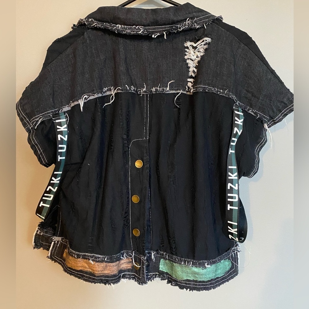 TUZKI Raw Edge Distressed Denim Top Black Jacket Vest - Picture 6 of 13